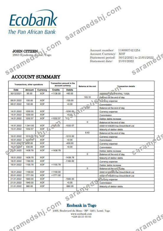 Togo Ecobank bank statement